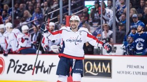 Washington Capitals star Alex Ovechkin celebrates after scoring a goal against the Vancouver Canucks.