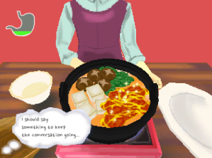 A first-person POV shot of a delicious-looking bowl of stew depicted in a bright and crudely evocative style. A text bubble gives us the character's thoughts: "I should say something to keep the conversation going."