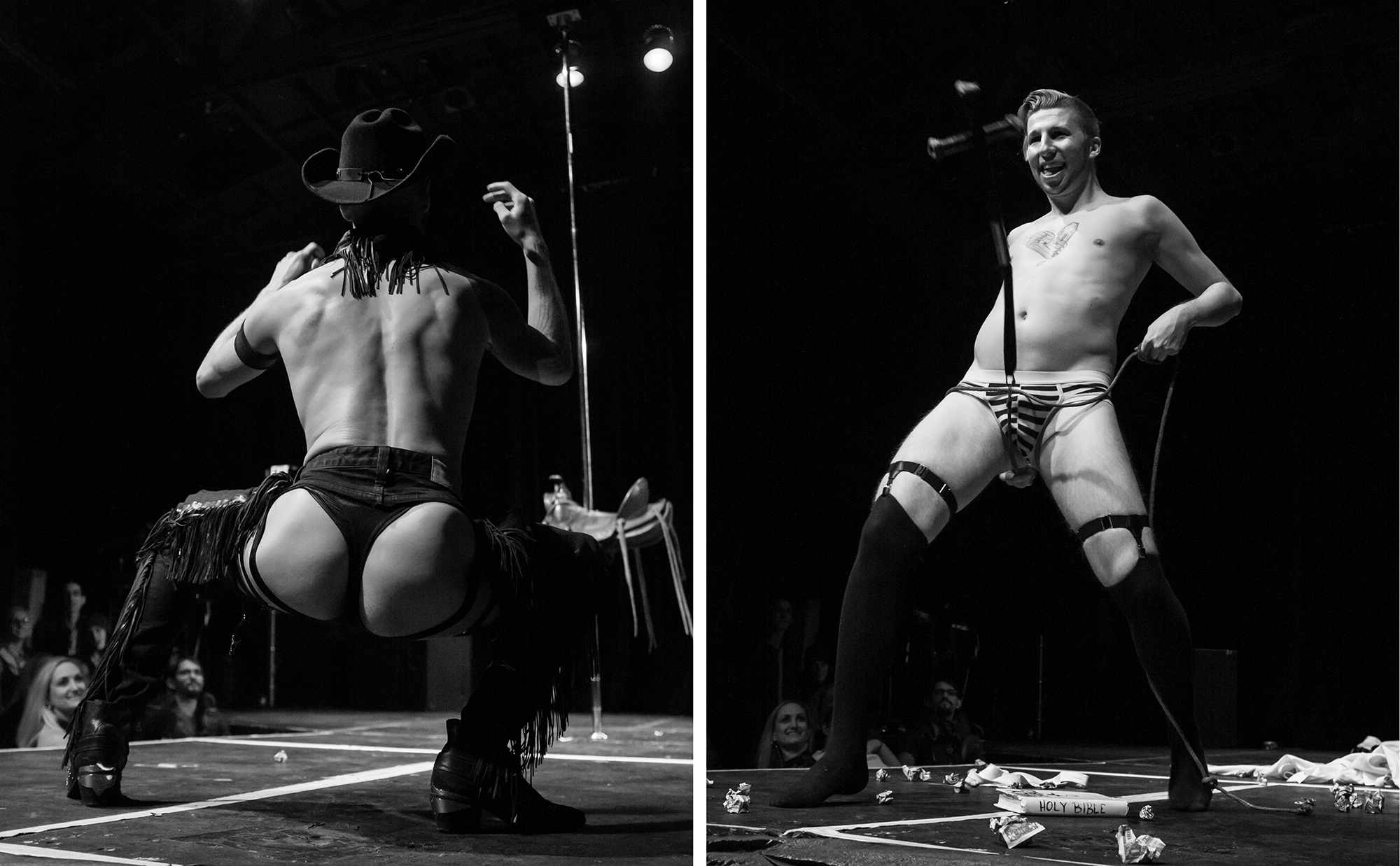 a split image showing two male strippers