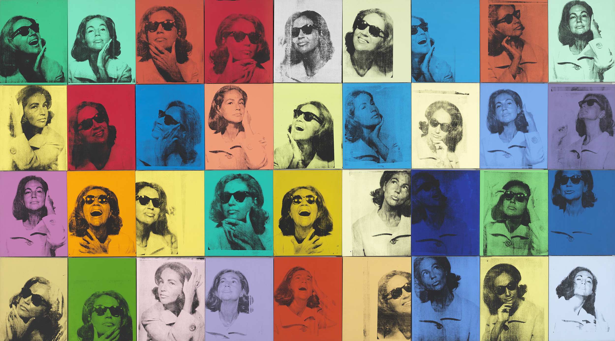 Andy Warhol (1928–1987), Ethel Scull 36 Times, 1963. Silkscreen ink and acrylic on linen, thirty-six panels: 80 × 144 in. (203.2 × 365.8 cm) overall. Whitney Museum of American Art, New York; jointly owned by the Whitney Museum of American Art and The Metropolitan Museum of Art; gift of Ethel Redner Scull 86.61a‒jj © The Andy Warhol Foundation for the Visual Arts, Inc. / Artists Rights Society (ARS) New York