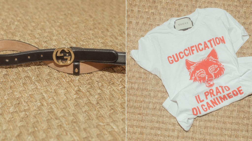 Gucci-Gürtel und Gucci-T-Shirt von Sugarbabe Julia