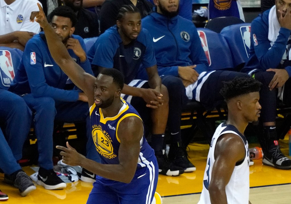 Draymond Green celebrates against the Minnesota Timberwolves.