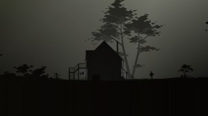 A darkly gothic, pixel-art image of a rustic American house alone on a shadowed landscape.