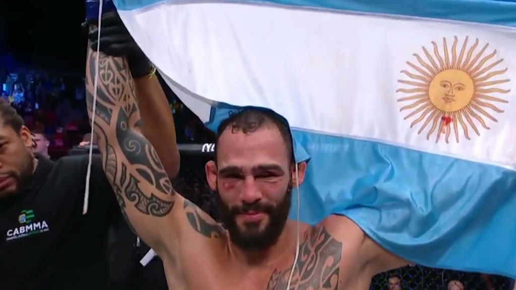 Santiago Ponzinibbio celebrates winning at UFC Argentina.