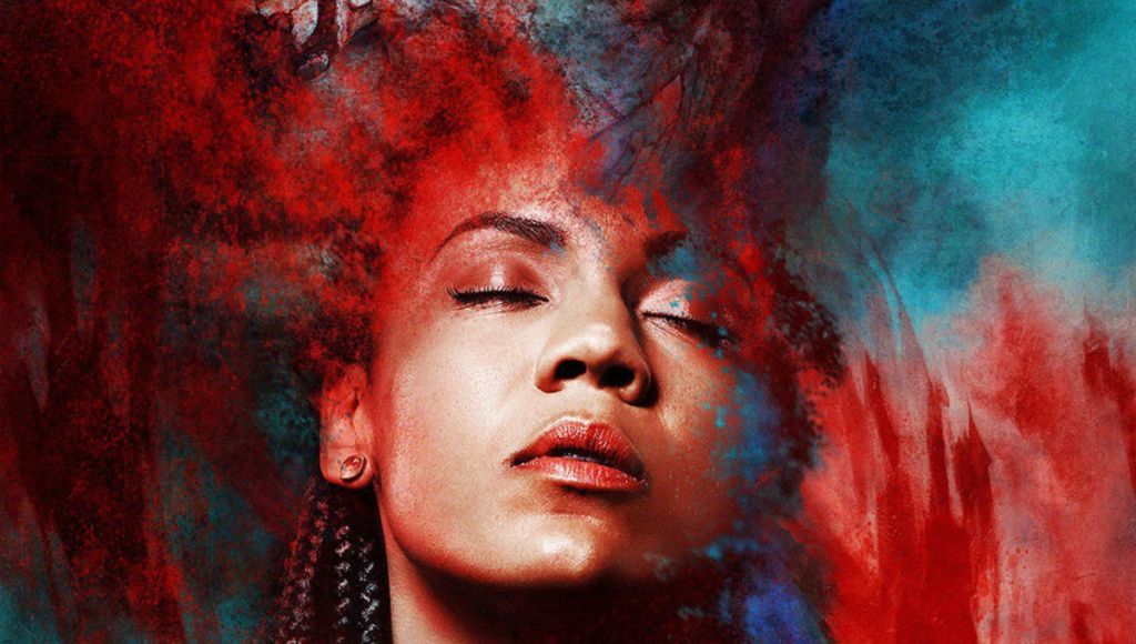 A dream-like portrait of a young black woman, eyes closed, framed by two smears of blood-like red, while a figure menaces her unseen, emerging from the backdrop