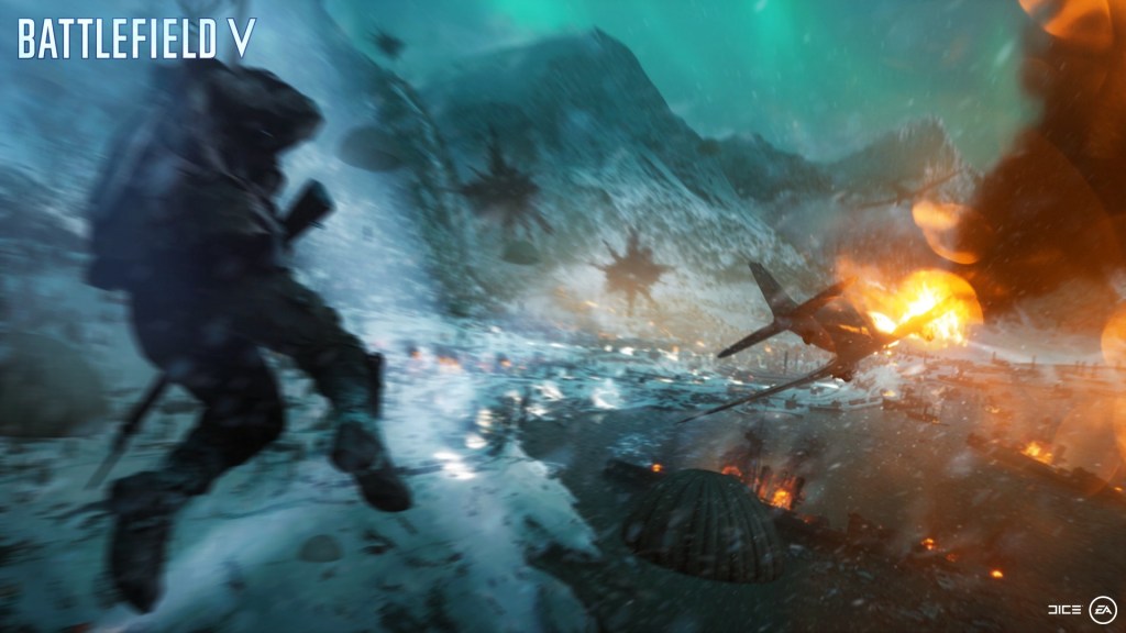 An action shot of a paratrooper mid-fall from a burning transport above a snowy Norwegian seaport at night, lit by the aurora from above and tracer fire from below.