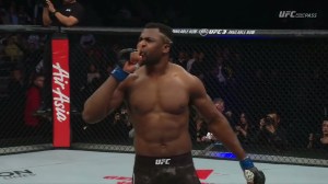 Francis Ngannou celebrates his win UFC Fight Night Beijing.