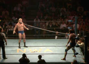 Roddy Piper and Greg Valentine square off in a dog collar match.