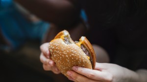 Twee handen houden een cheeseburger vast met een hap eruit