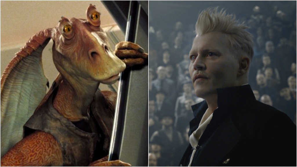 Jar Jar Binks (I) y Johnny Depp (D) como Grindelwald