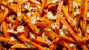 slices of grilled sweet potatoes topped with brie, honey, and sliced chives