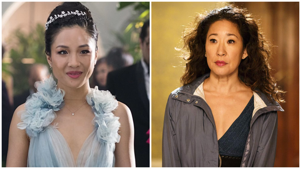 An image split of Constance Wu and Sandra Oh in their respective Golden Globe nominated roles