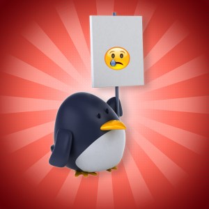 Linux penguin holding a sad emoji.