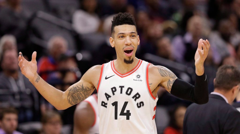 Danny Green of the Toronto Raptors reacts to a flagrant foul call in a game against the Sacramento Kings.