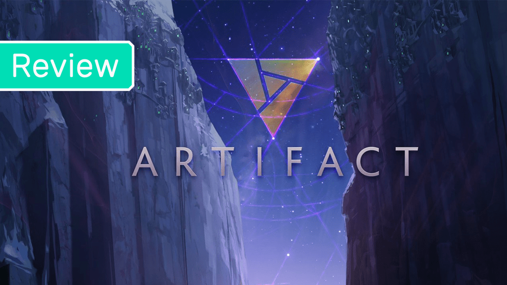 A view of the triangular'Artifact' logo broken into irregular fragments still arranged in a downward pointing triad, hovering between two canyon walls with a starry purple sky above.