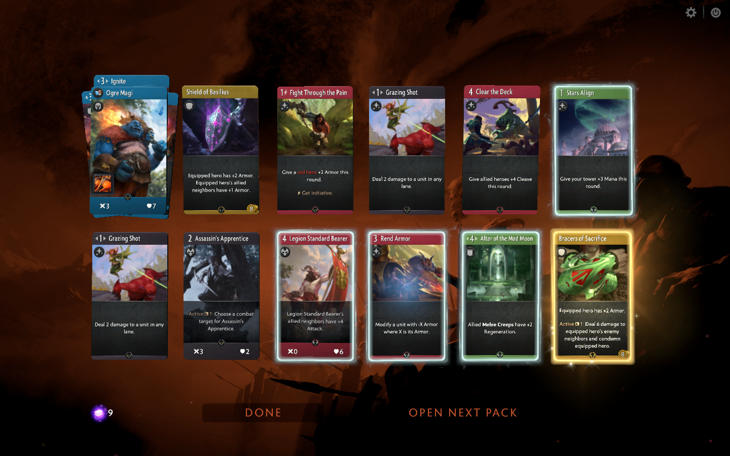 Cards that were in a card pack are laid out for your perusal, and you are invited to keep opening packs.