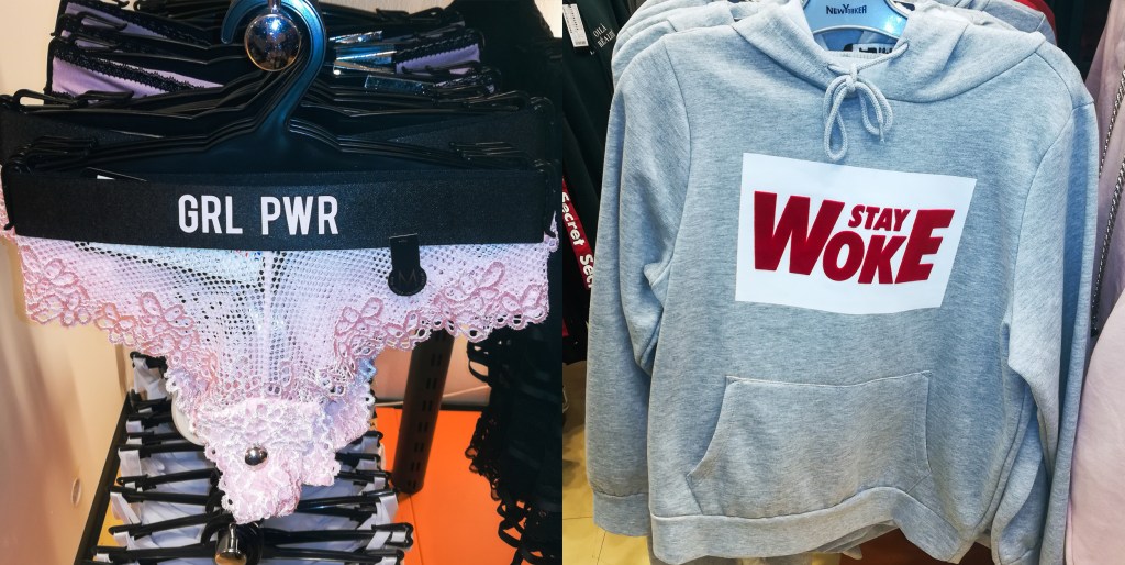 To billeder: Lyserød g-streng med påskriften "GRL PWR" og grå sweater med påskriften "Stay Woke"