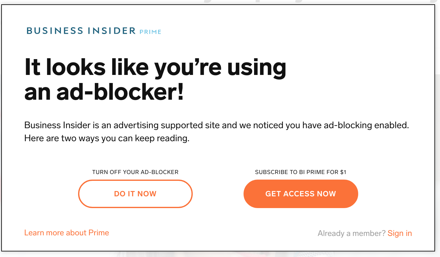 An anti-adblocker popup