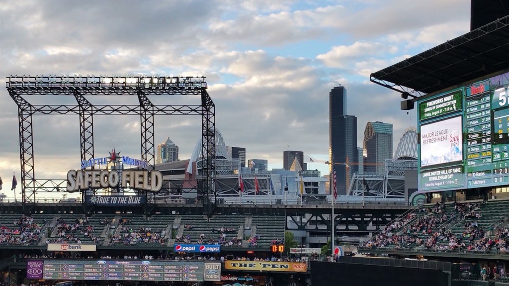 A view of the Seattle skyline behind Safeco Field