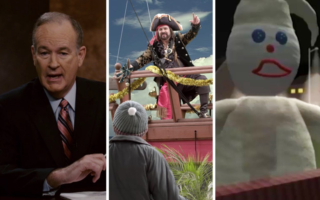 A split image showing Bill O Reilly, a pirate, and the character Mr. Bill