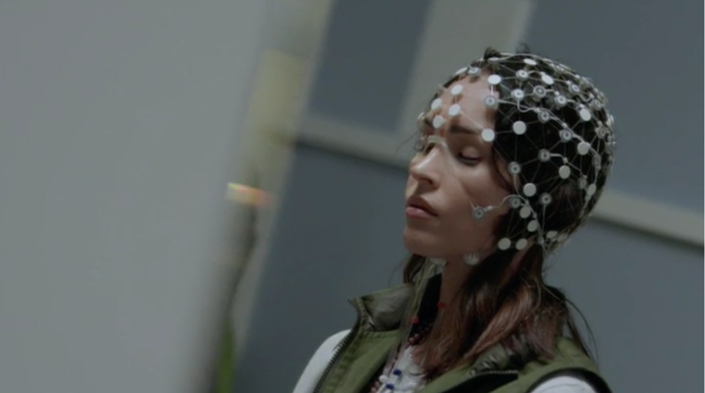 Megan Fox wearing an EEG net