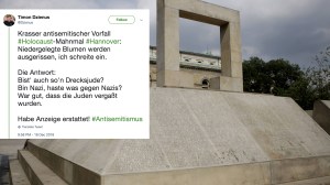 Fotos des Holocaust-Mahnmal in Hannover, darüber das Bild eines Tweets