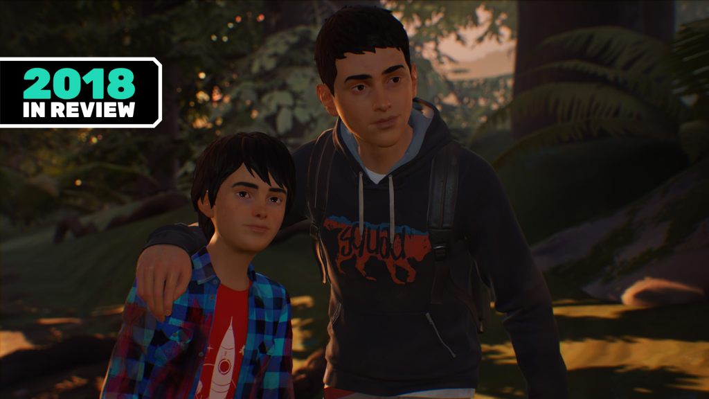 Two teenage boys, a few years apart, stand side by side in a golden, early evening light in 'Life Is Strange 2'.