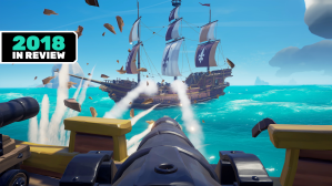 Tagged with the Waypoint 2018 in Review sticker, this image depicts a pirate ship framed by a pair of cannons as two white streaks mark the flight out outgoing solid shot exploding against the splintering wooden hull