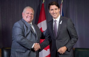 Prime Minister Justin Trudeau meets with Ontario Premier Doug Ford in Montreal on Thursday, December 6, 2018. THE CANADIAN PRESS/Paul Chiasson