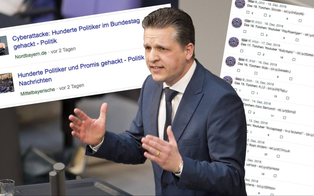 Collage: Politiker und Screenshots von Artikel zum Hack sowie vom Twitter-Account des Hackers