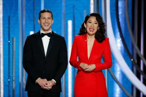 Hosts Andy Samberg and Sandra Oh speak onstage during the 76th Annual Golden Globe Awards. (Photo by Paul Drinkwater/NBCUniversal via Getty Images)