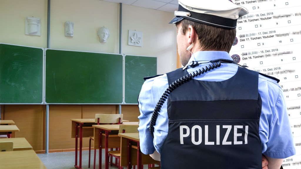 Symbolbild eines Klassenzimmers und eines Polizisten