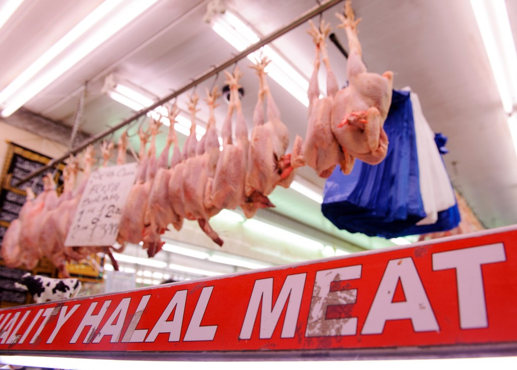 Hühner hängen zum Verkauf in einem Halal-Geschäft