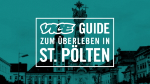 Ein Foto von St. Pölten mit der Inschrift "VICE Guide zum Überleben in St. Pölten"