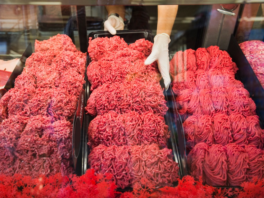 ground beef in grocery display window