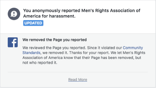 Facebook removed a page less than a day after my friend reported it as hateful content.