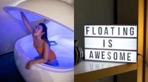 Woman opening the door to a floatation pod