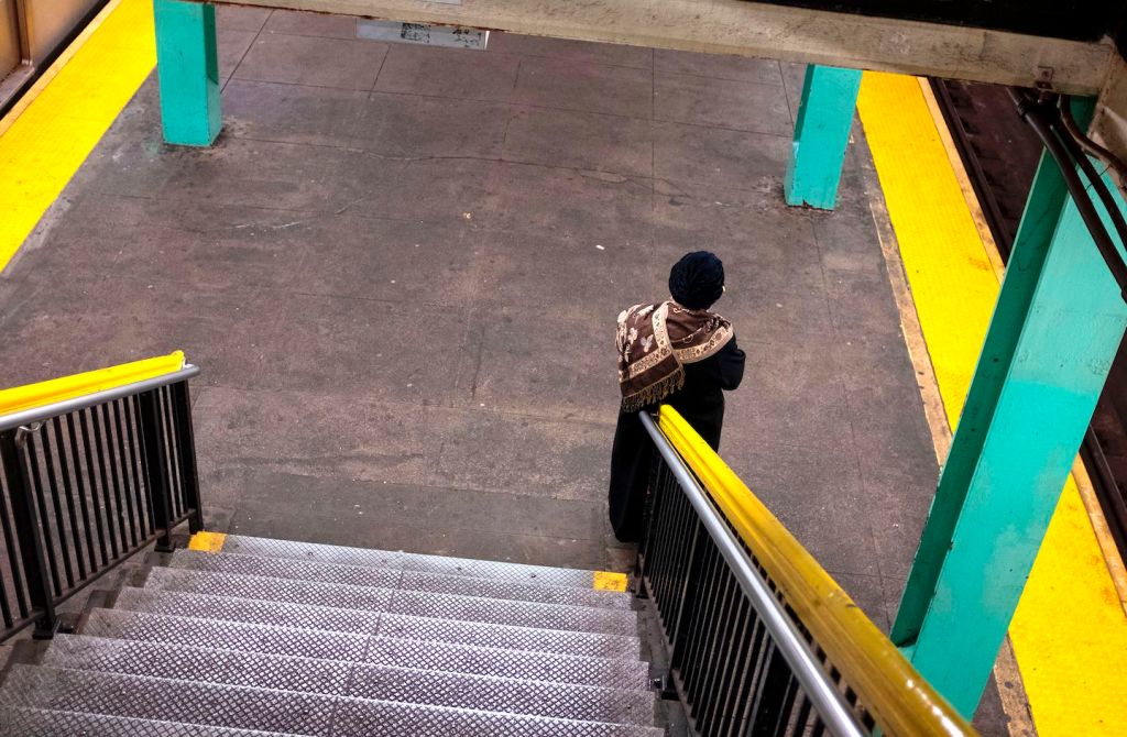 View looking down on subway staircase