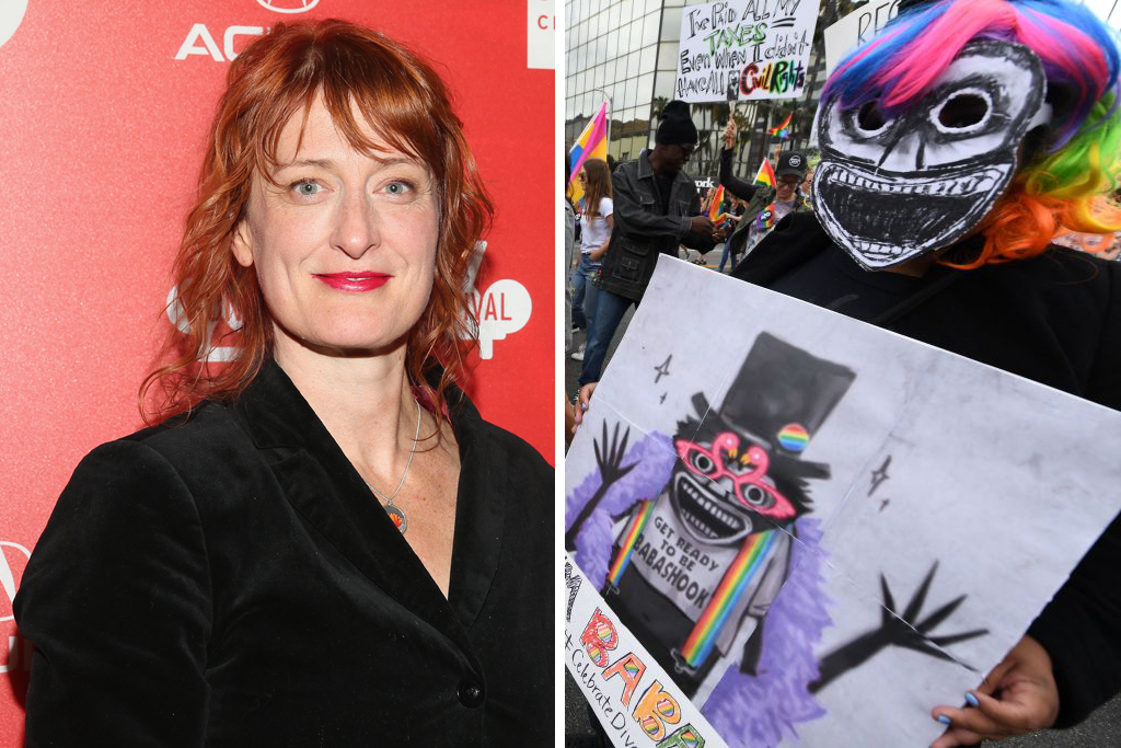 Director Jennifer Kent image split with Pride Parade Babadook