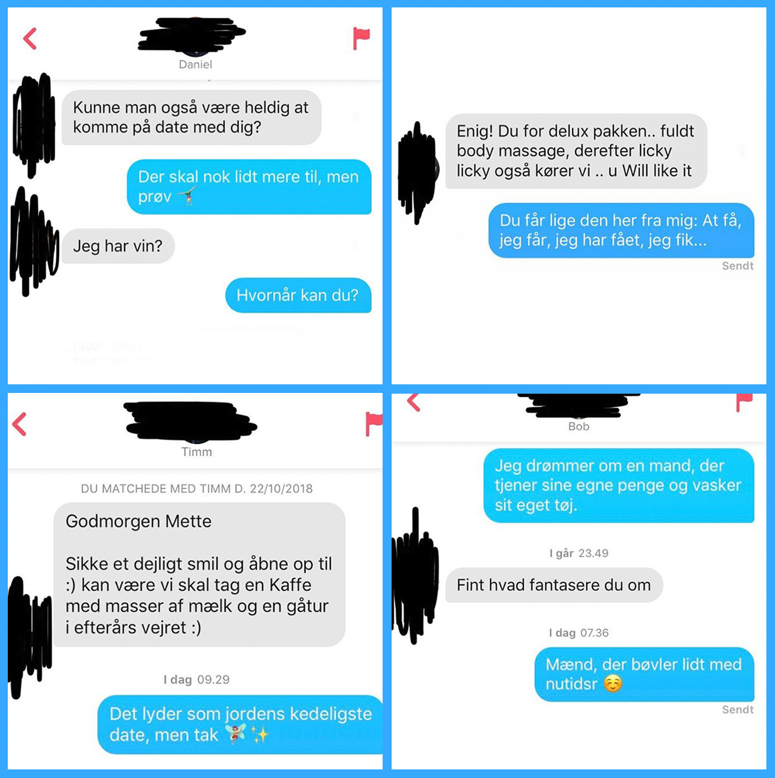 Et sammensat billede med fire screenshots fra Mette Helenas samtaler på Tinder