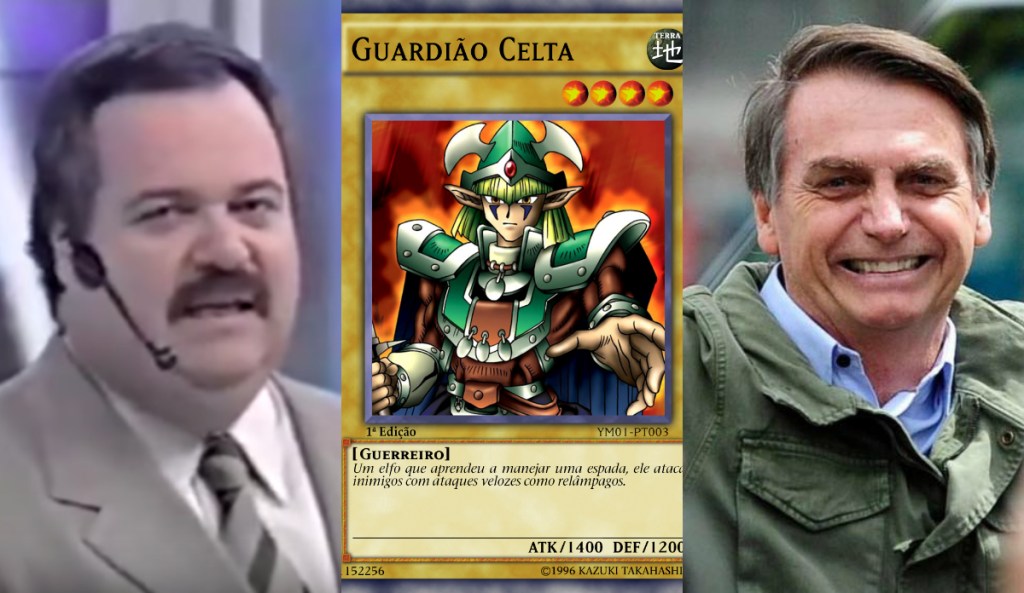 O apresentador Gilberto Barros (à esq.), uma carta do jogo Yu-Gi-Oh e Jair Bolsonaro.