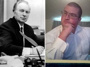 A split image showing L. Ron Hubbard, and the man who claims to be the reincarnated version of him