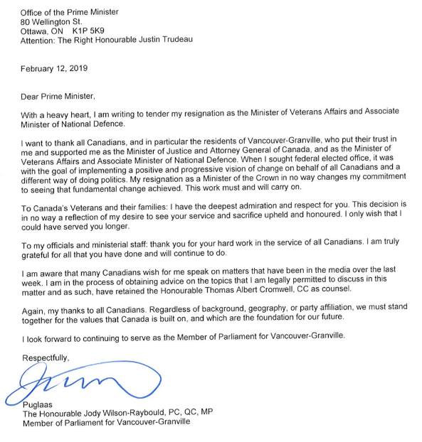 Jody Wilson-Raybould's resignation letter