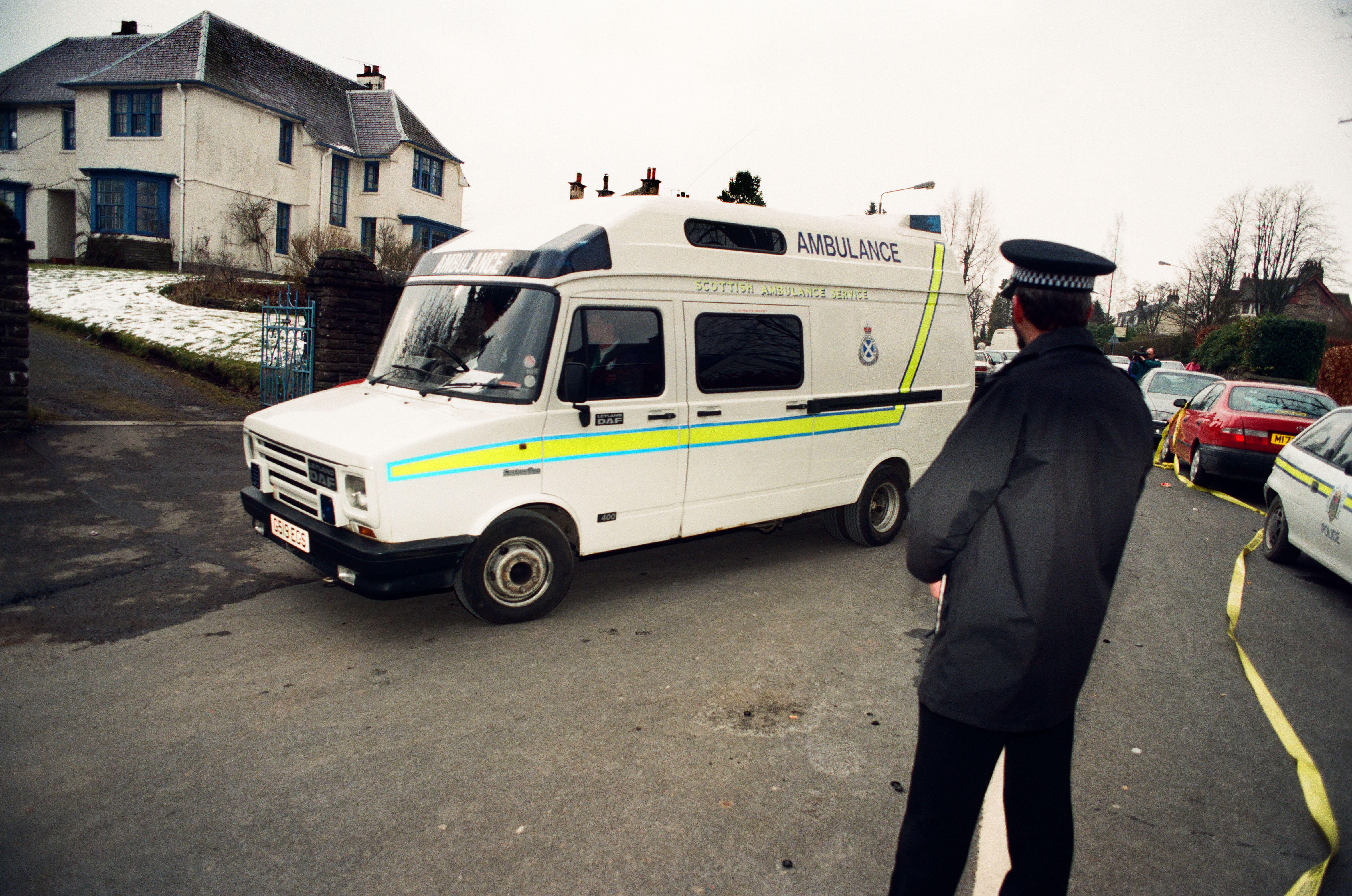 An ambulance arriving at Dunblane primary school shortly after the shooting