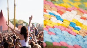 A girl at a festival with her arms in the air, and ecstasy pills.