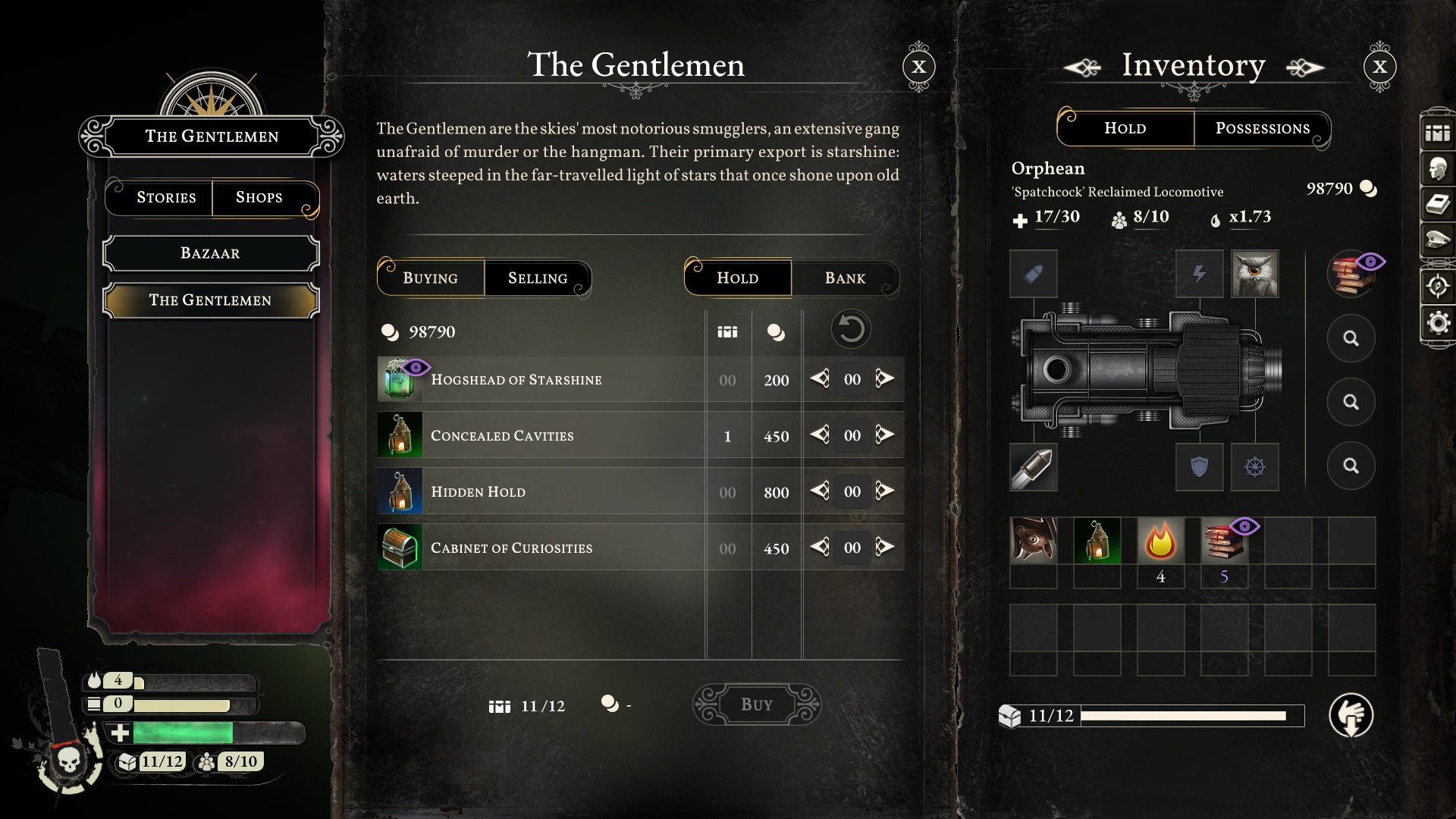 A store and inventory screen from Sunless Skies