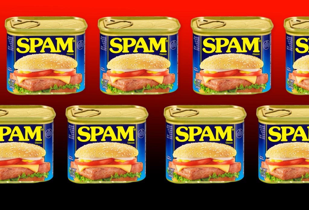 cans of spam tiled against a black and red gradient background