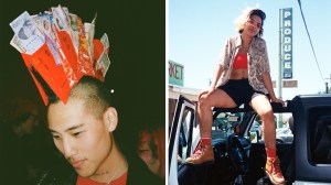 Two photos: Person with mohawk made of money and person sitting on top of car