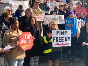 New York Representative Carolyn Maloney speaks at a press conference opposing the decriminalization of sex work