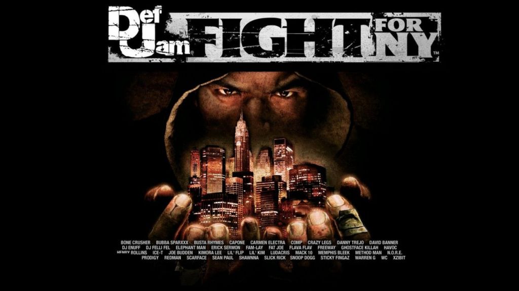 The promo art for Def Jam Fight for NY depicting a hooded figure cupping the NY skyline in his hands.